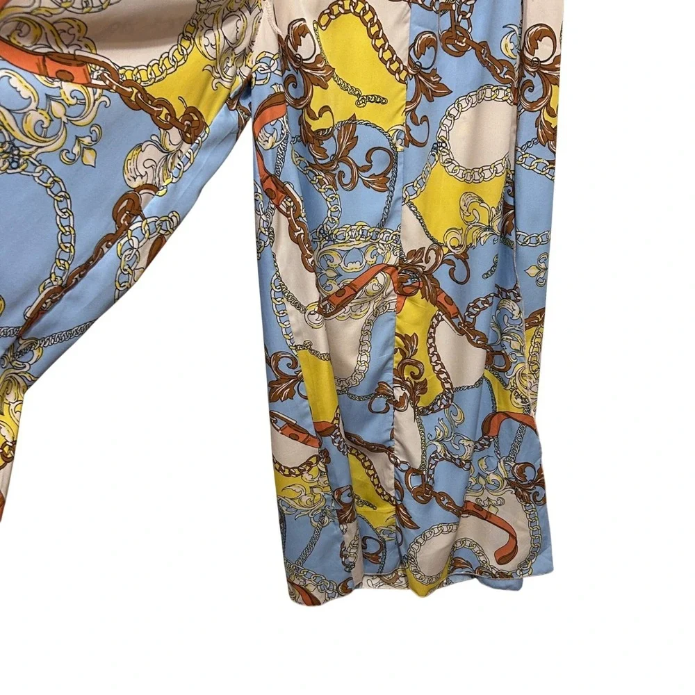 Truth‎ Womens Pants XL Blue Yellow Chain Print Wide Slit Leg Palazzo Boho Resort